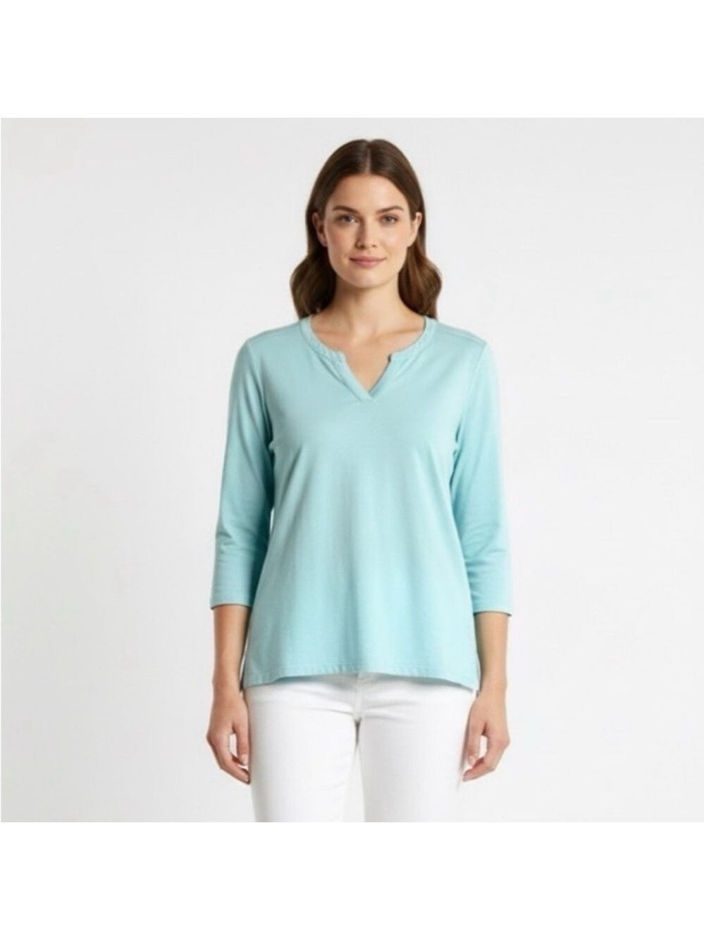 LANDS’ END Turquoise Split Vee Neck Tee 100% Cotton MADE IN PERU Sz M